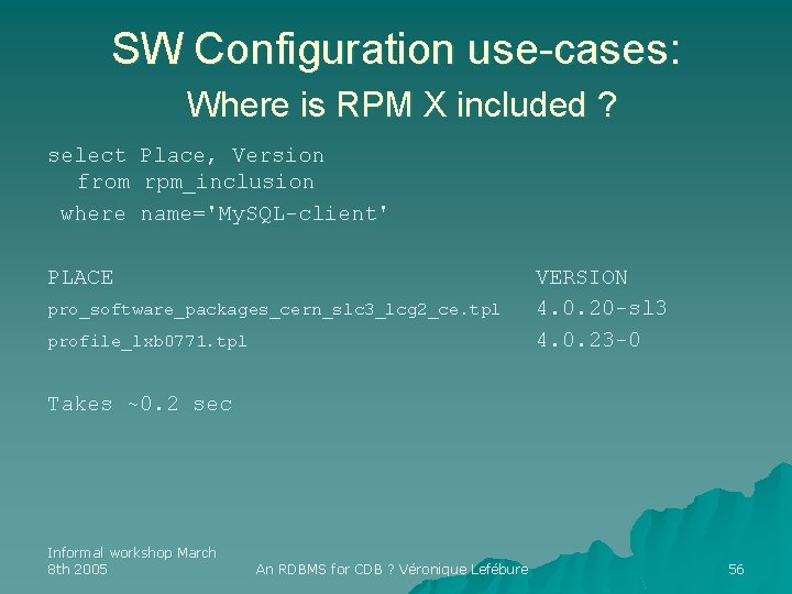 SW Configuration use-cases: Where is RPM X included ? select from where Place, Version