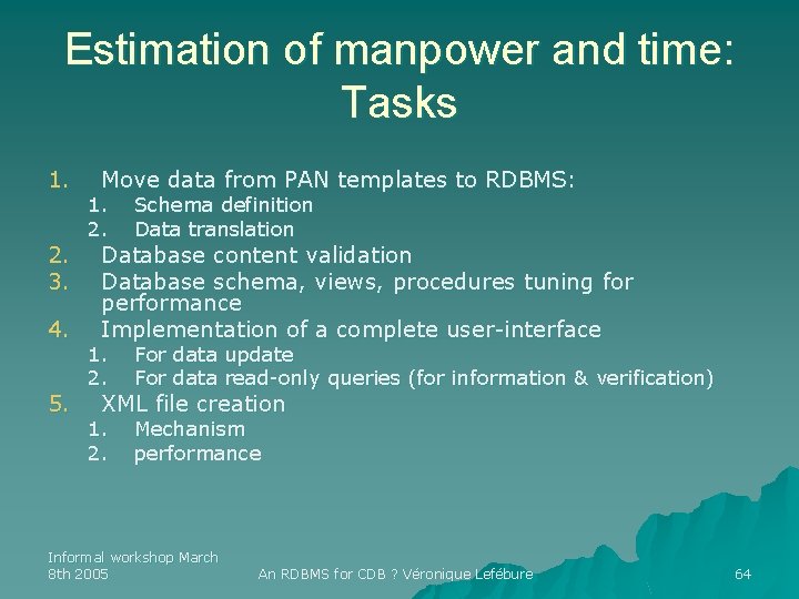 Estimation of manpower and time: Tasks 1. 2. 3. 4. 5. Move data from