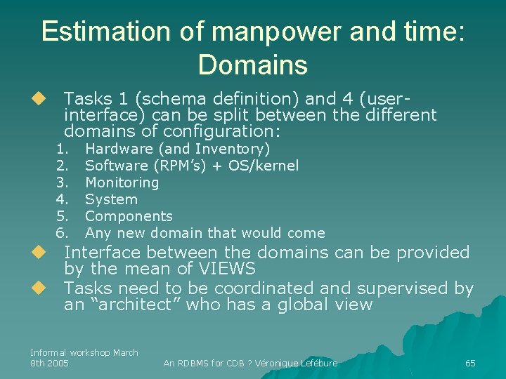 Estimation of manpower and time: Domains u Tasks 1 (schema definition) and 4 (userinterface)