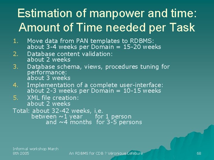 Estimation of manpower and time: Amount of Time needed per Task 1. Move data