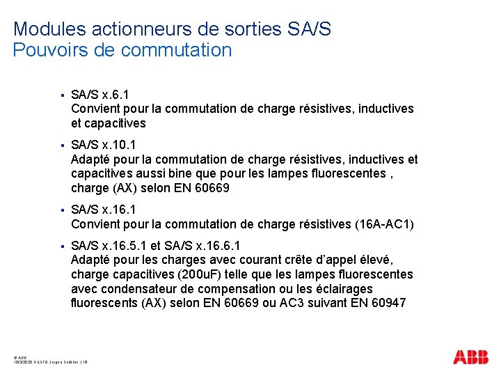 Modules actionneurs de sorties SA/S Pouvoirs de commutation § SA/S x. 6. 1 Convient