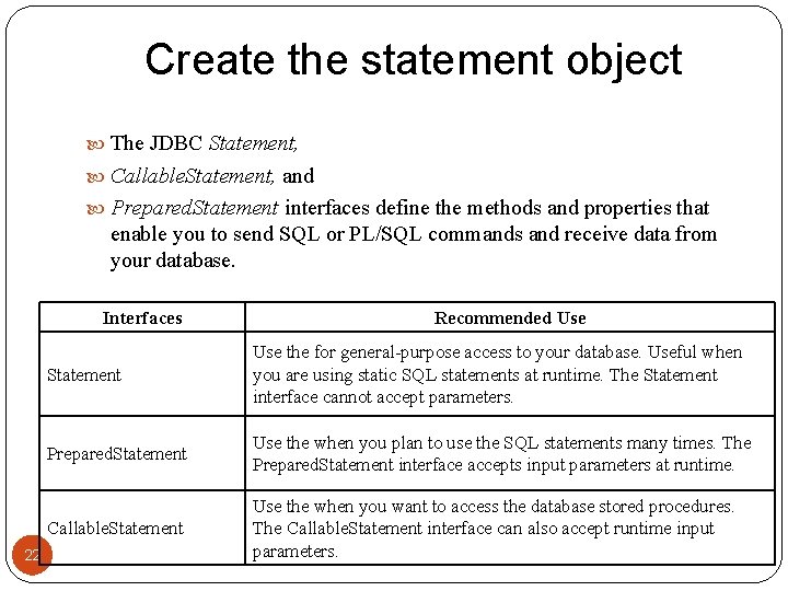 Create the statement object The JDBC Statement, Callable. Statement, and Prepared. Statement interfaces define