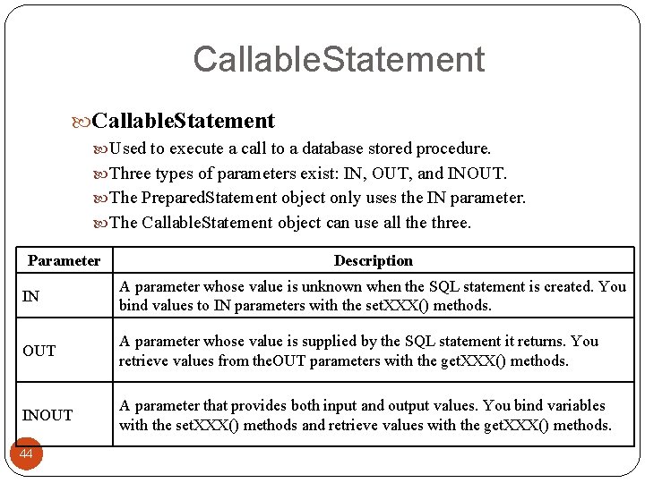 Callable. Statement Used to execute a call to a database stored procedure. Three types