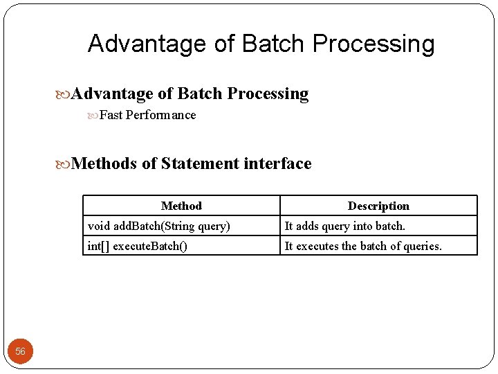 Advantage of Batch Processing Fast Performance Methods of Statement interface Method 56 Description void