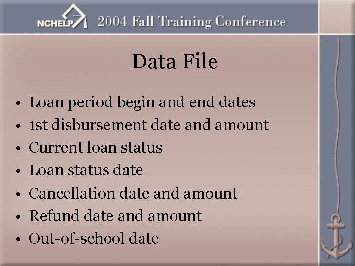 Data File • • Loan period begin and end dates 1 st disbursement date