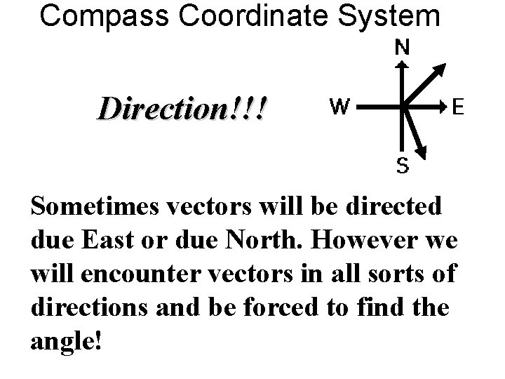 Compass Coordinate System Direction!!! Sometimes vectors will be directed due East or due North.