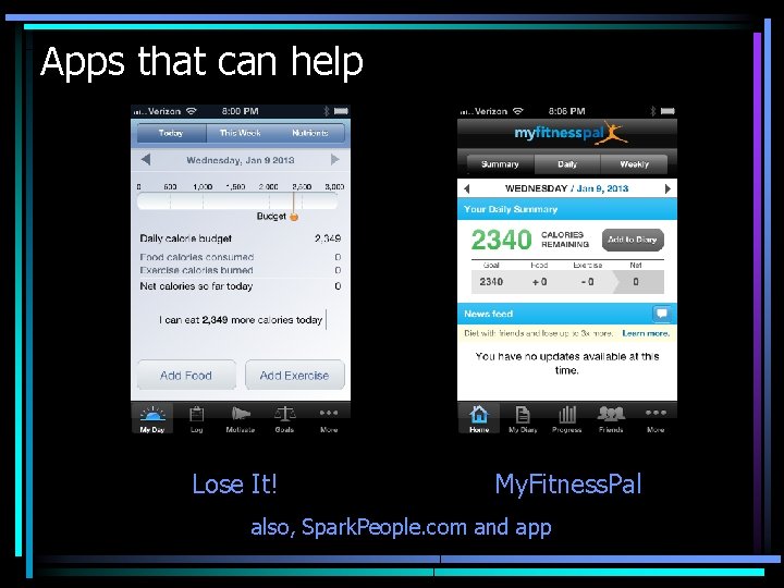 Apps that can help Lose It! My. Fitness. Pal also, Spark. People. com and