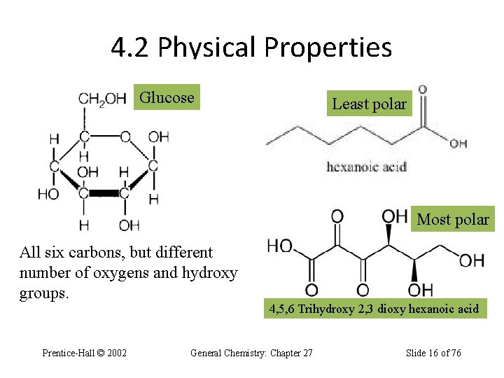 4. 2 Physical Properties Assessing Polarity Glucose Least polar Most polar All six carbons,