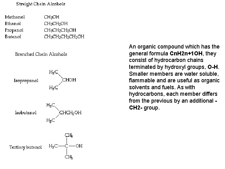 An organic compound which has the general formula Cn. H 2 n+1 OH, they