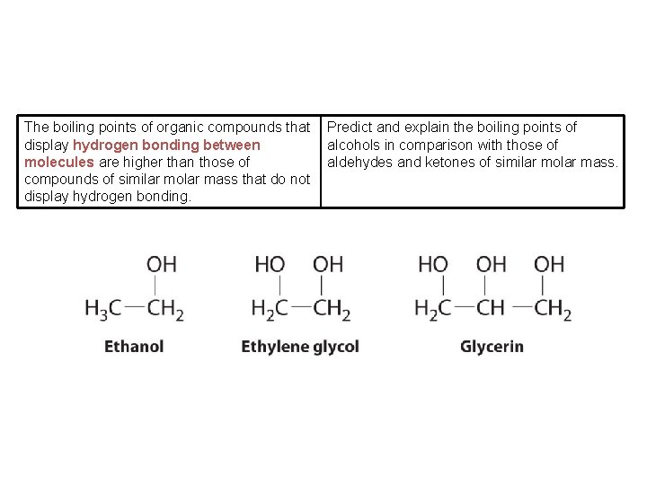 The boiling points of organic compounds that display hydrogen bonding between molecules are higher