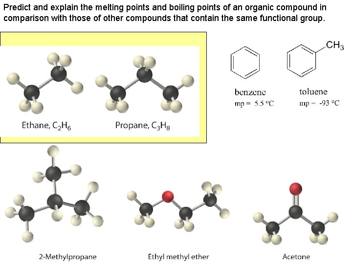 Predict and explain the melting points and boiling points of an organic compound in