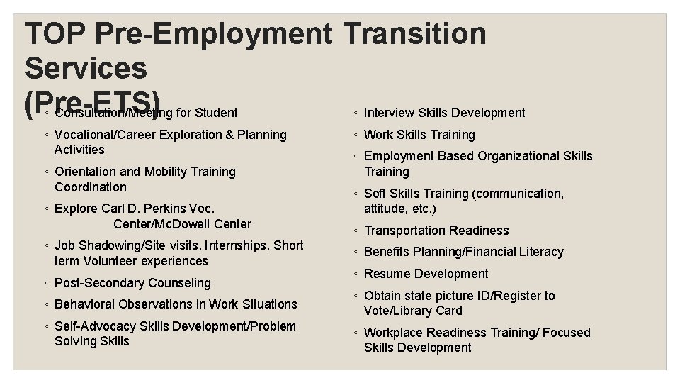 TOP Pre-Employment Transition Services (Pre-ETS) ◦ Consultation/Meeting for Student ◦ Interview Skills Development ◦