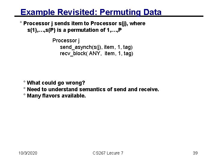 Example Revisited: Permuting Data ° Processor j sends item to Processor s(j), where s(1),