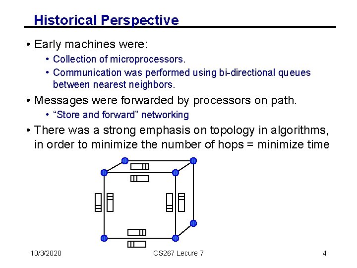 Historical Perspective • Early machines were: • Collection of microprocessors. • Communication was performed