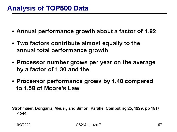 Analysis of TOP 500 Data • Annual performance growth about a factor of 1.
