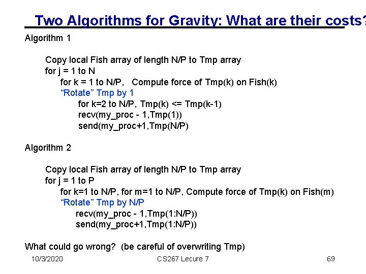 Two Algorithms for Gravity: What are their costs? Algorithm 1 Copy local Fish array