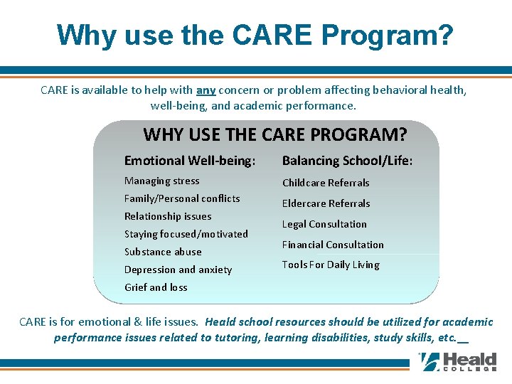 Why use the CARE Program? CARE is available to help with any concern or