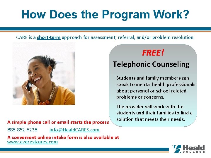 How Does the Program Work? CARE is a short-term approach for assessment, referral, and/or