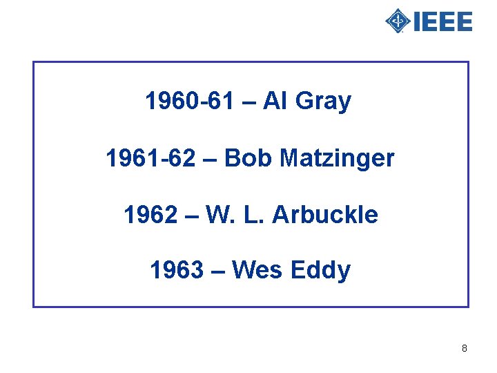 1960 -61 – Al Gray 1961 -62 – Bob Matzinger 1962 – W. L.