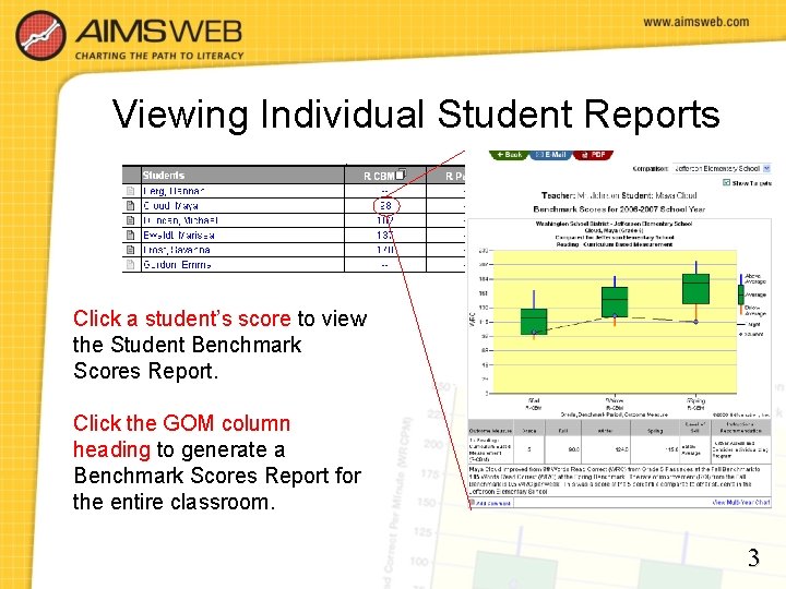 Viewing Individual Student Reports Click a student’s score to view the Student Benchmark Scores