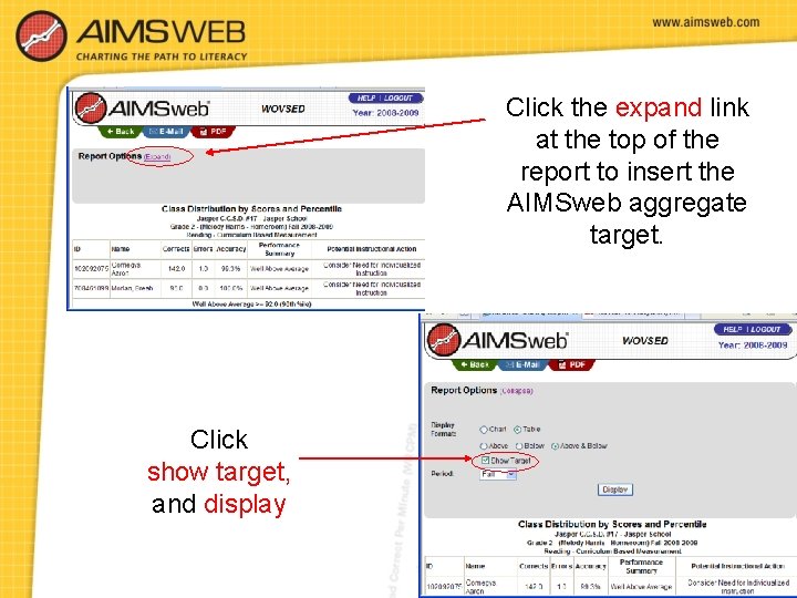 Click the expand link at the top of the report to insert the AIMSweb