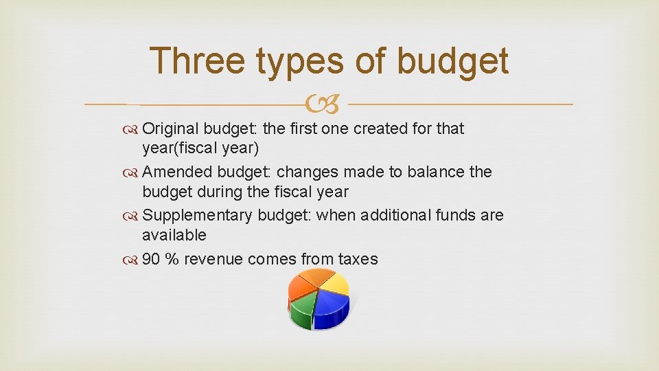 Three types of budget Original budget: the first one created for that year(fiscal year)