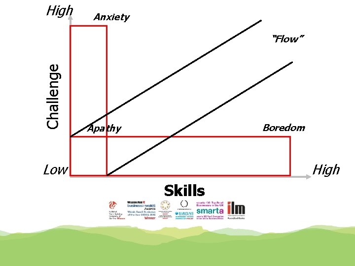 High Anxiety Challenge “Flow” Boredom Apathy Low High Skills 