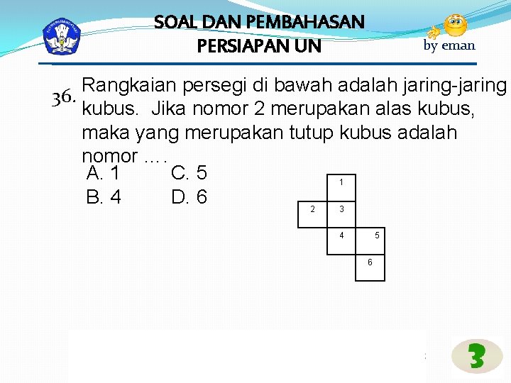 SOAL DAN PEMBAHASAN PERSIAPAN UN 36. by eman Rangkaian persegi di bawah adalah jaring-jaring