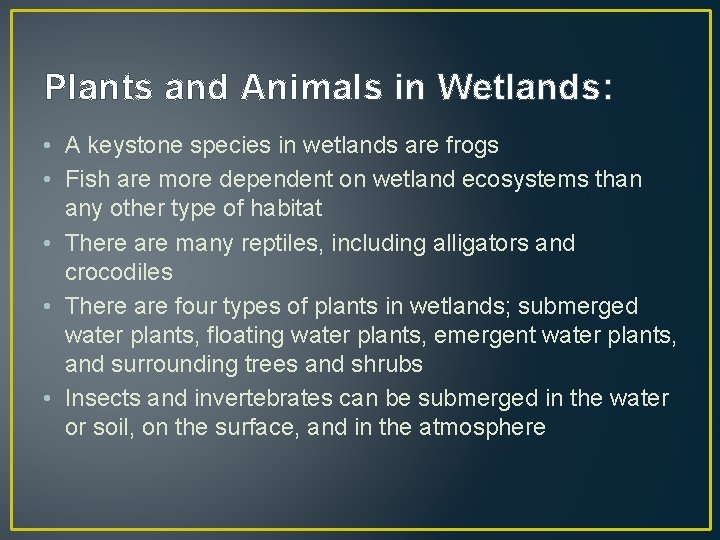 Plants and Animals in Wetlands: • A keystone species in wetlands are frogs •