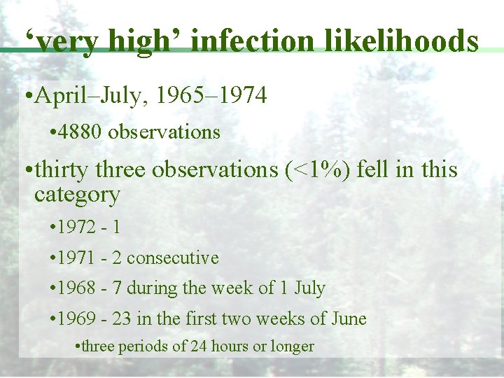 ‘very high’ infection likelihoods • April–July, 1965– 1974 • 4880 observations • thirty three