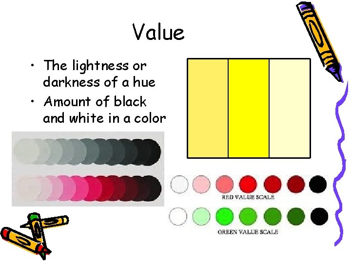Value • The lightness or darkness of a hue • Amount of black and