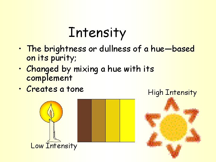 Intensity • The brightness or dullness of a hue—based on its purity; • Changed