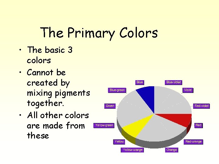 The Primary Colors • The basic 3 colors • Cannot be created by mixing