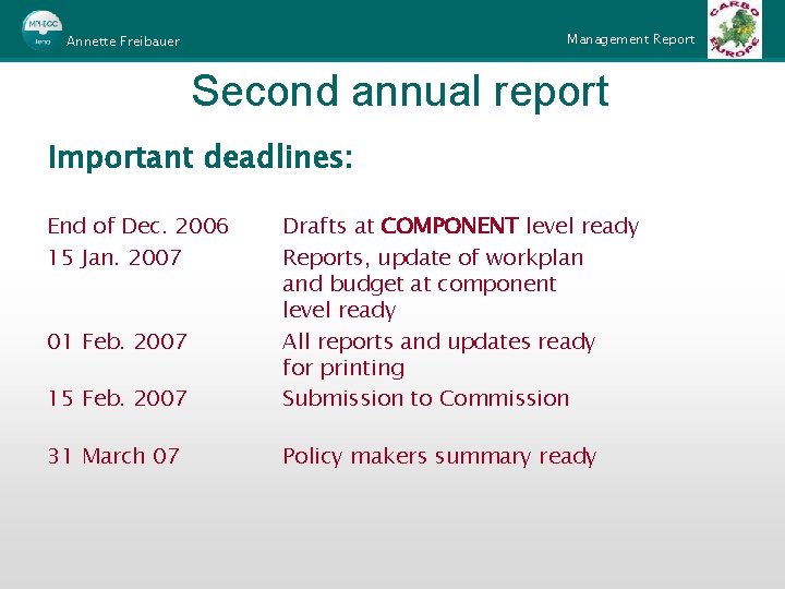 Management Report Annette Freibauer Second annual report Important deadlines: End of Dec. 2006 15