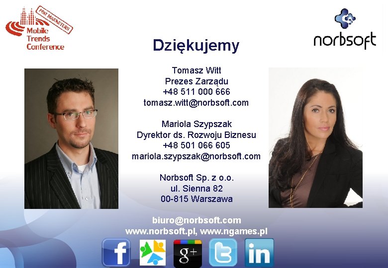 Dziękujemy Tomasz Witt Prezes Zarządu +48 511 000 666 tomasz. witt@norbsoft. com Mariola Szypszak