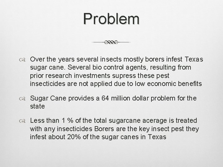 Problem Over the years several insects mostly borers infest Texas sugar cane. Several bio