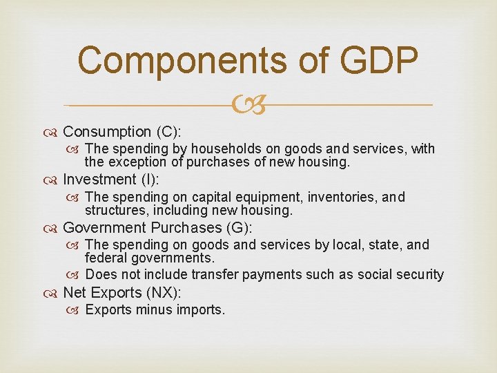 Components of GDP Consumption (C): The spending by households on goods and services, with