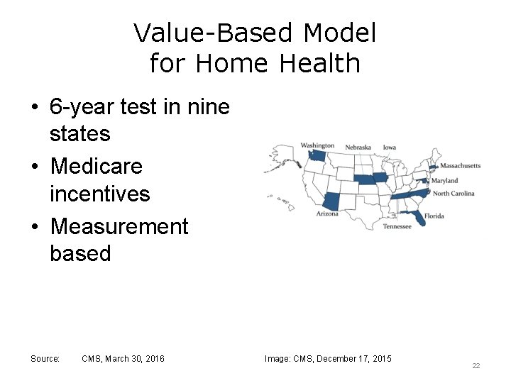 Value-Based Model for Home Health • 6 -year test in nine states • Medicare