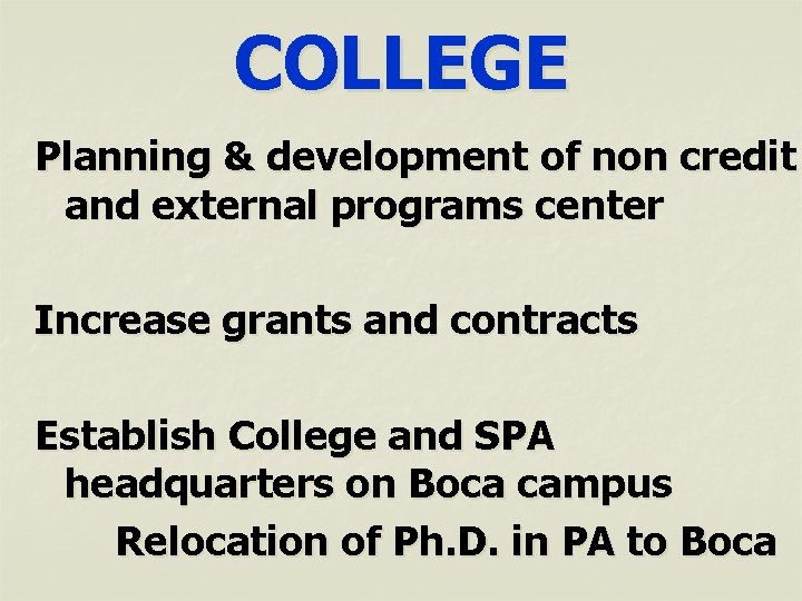 COLLEGE Planning & development of non credit and external programs center Increase grants and