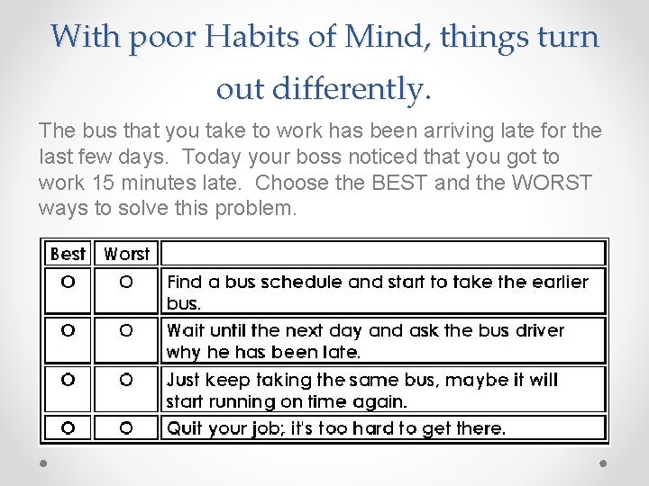 With poor Habits of Mind, things turn out differently. The bus that you take