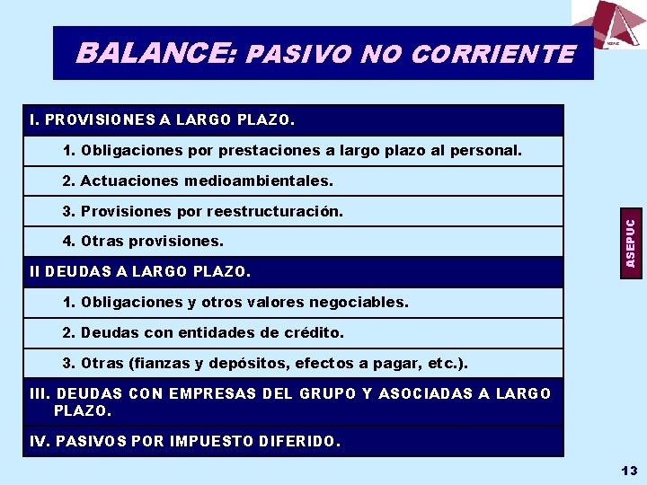 BALANCE: PASIVO NO CORRIENTE I. PROVISIONES A LARGO PLAZO. 1. Obligaciones por prestaciones a