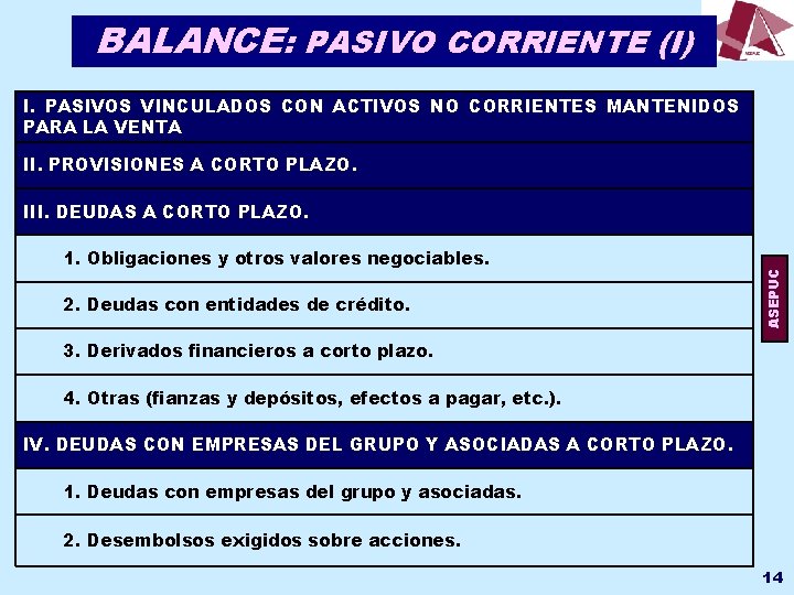BALANCE: PASIVO CORRIENTE (I) I. PASIVOS VINCULADOS CON ACTIVOS NO CORRIENTES MANTENIDOS PARA LA