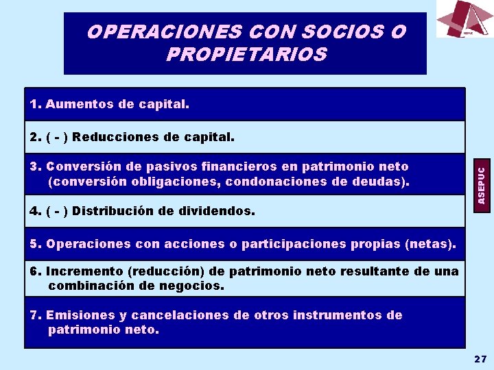 OPERACIONES CON SOCIOS O PROPIETARIOS 1. Aumentos de capital. 3. Conversión de pasivos financieros