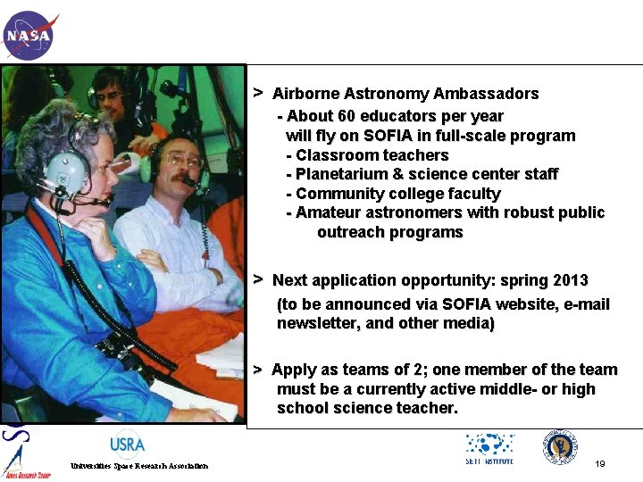  > Airborne Astronomy Ambassadors - About 60 educators per year will fly on