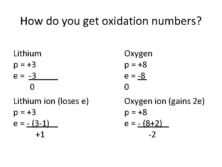 How do you get oxidation numbers? Lithium p = +3 e = -3 0