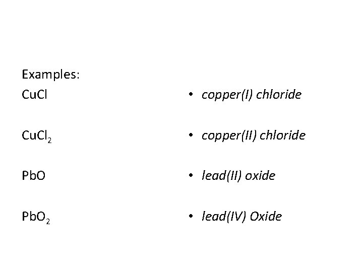 Examples: Cu. Cl 2 • copper(I) chloride • copper(II) chloride Pb. O • lead(II)