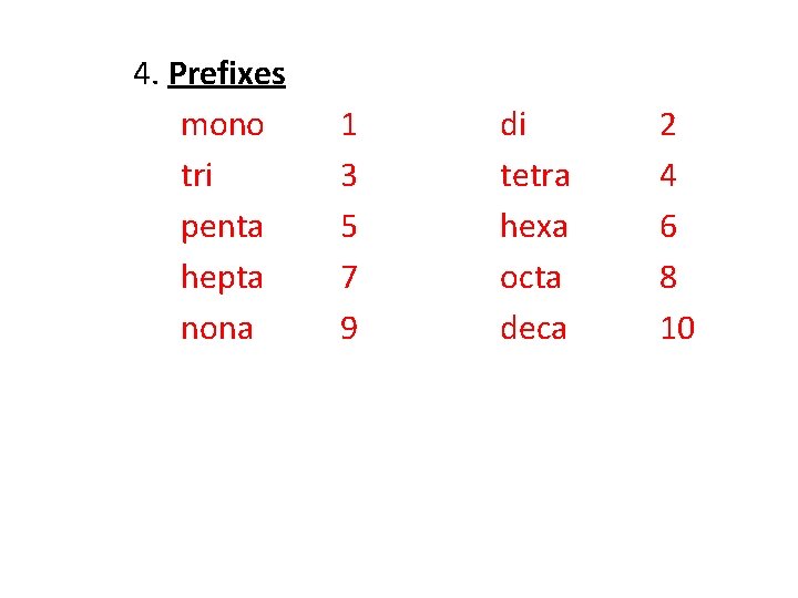 4. Prefixes mono tri penta hepta nona 1 3 5 7 9 di tetra