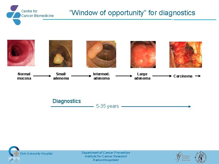 Centre for Cancer Biomedicine Normal mucosa ”Window of opportunity” for diagnostics Small adenoma Diagnostics