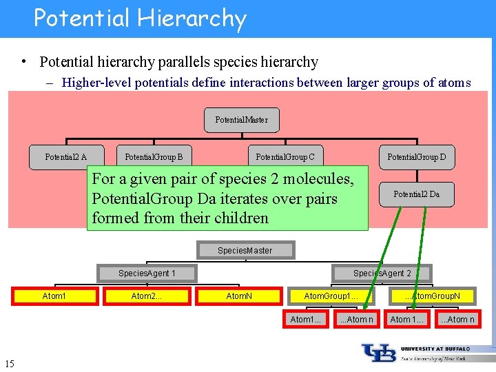 Potential Hierarchy • Potential hierarchy parallels species hierarchy – Higher-level potentials define interactions between