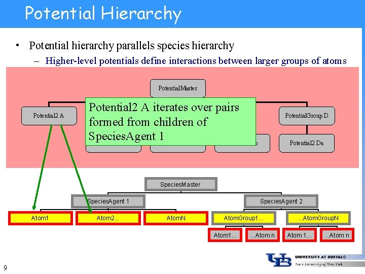 Potential Hierarchy • Potential hierarchy parallels species hierarchy – Higher-level potentials define interactions between